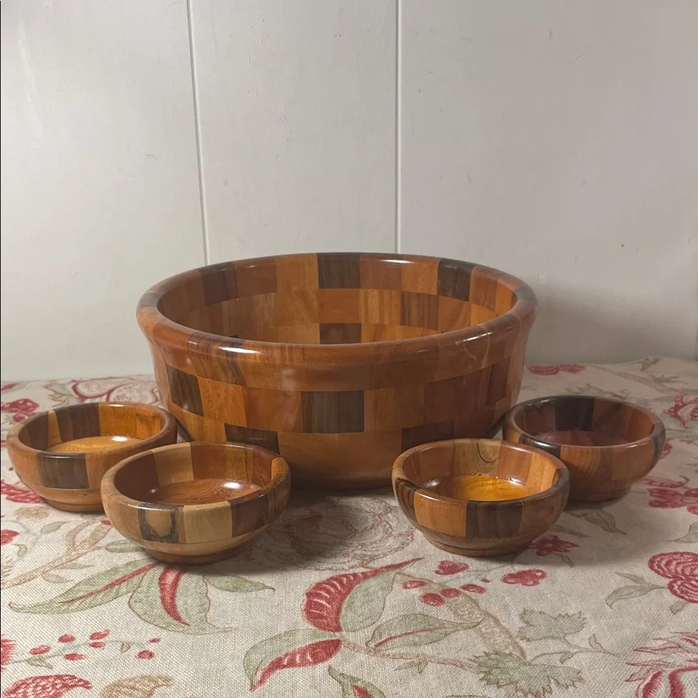 Wooden Checkered Handmade Salad Bowl 5 Piece Set